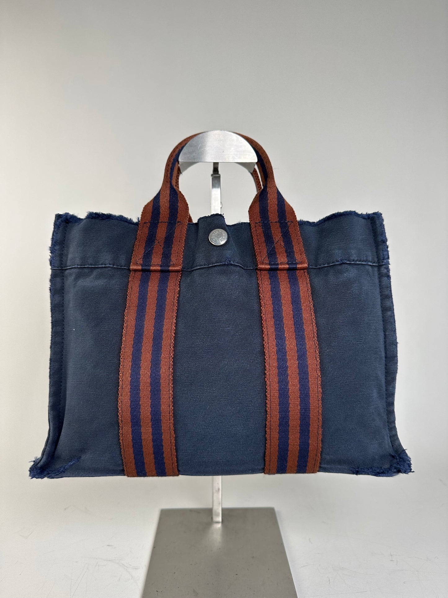 Vintage Hermes Cotton Tote Bag Navy Rust Silver Snap Early 2000s