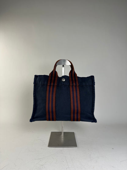 Vintage Hermes Cotton Tote Bag Navy Rust Silver Snap Early 2000s