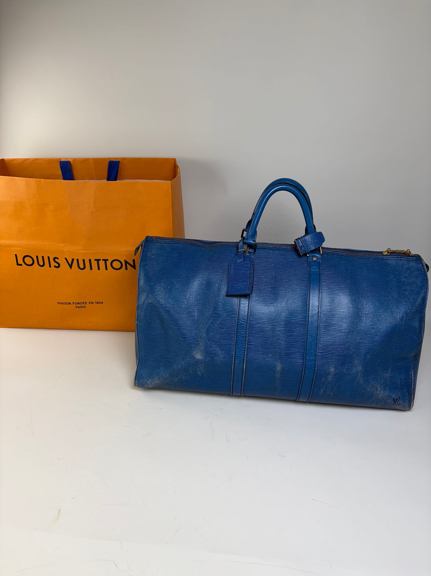 Vintage Louis Vuitton Epi Leather Keepall Travel Bag Blue Gold
