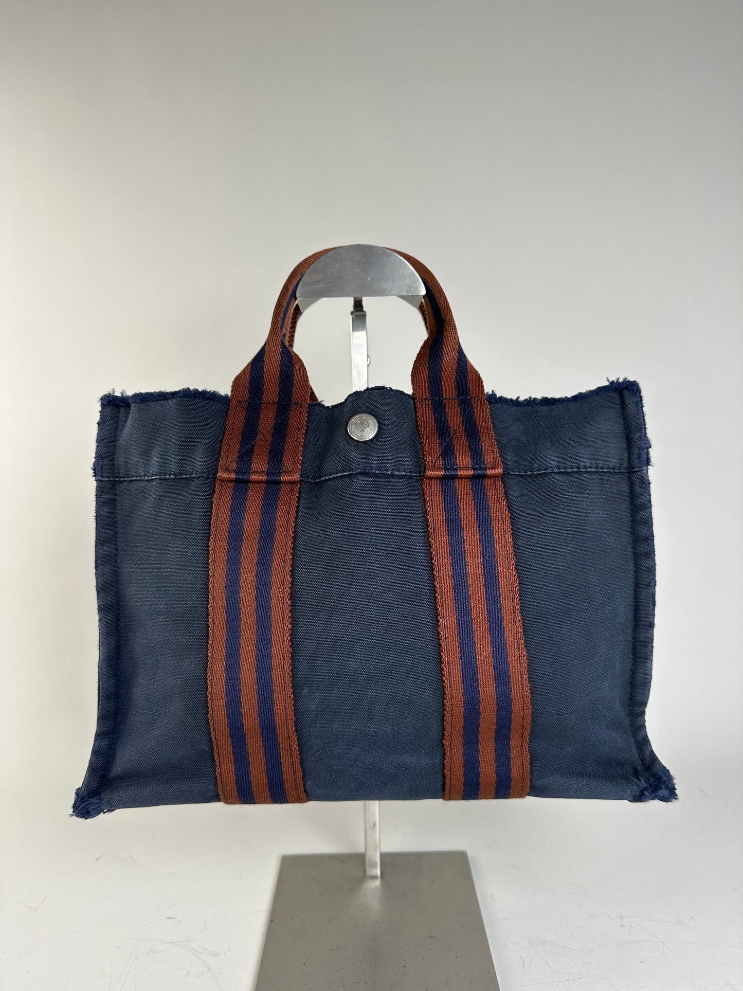 Vintage Hermes Cotton Tote Bag Navy Rust Silver Snap Early 2000s