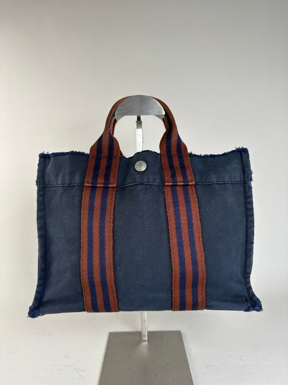 Vintage Hermes Cotton Tote Bag Navy Rust Silver Snap Early 2000s