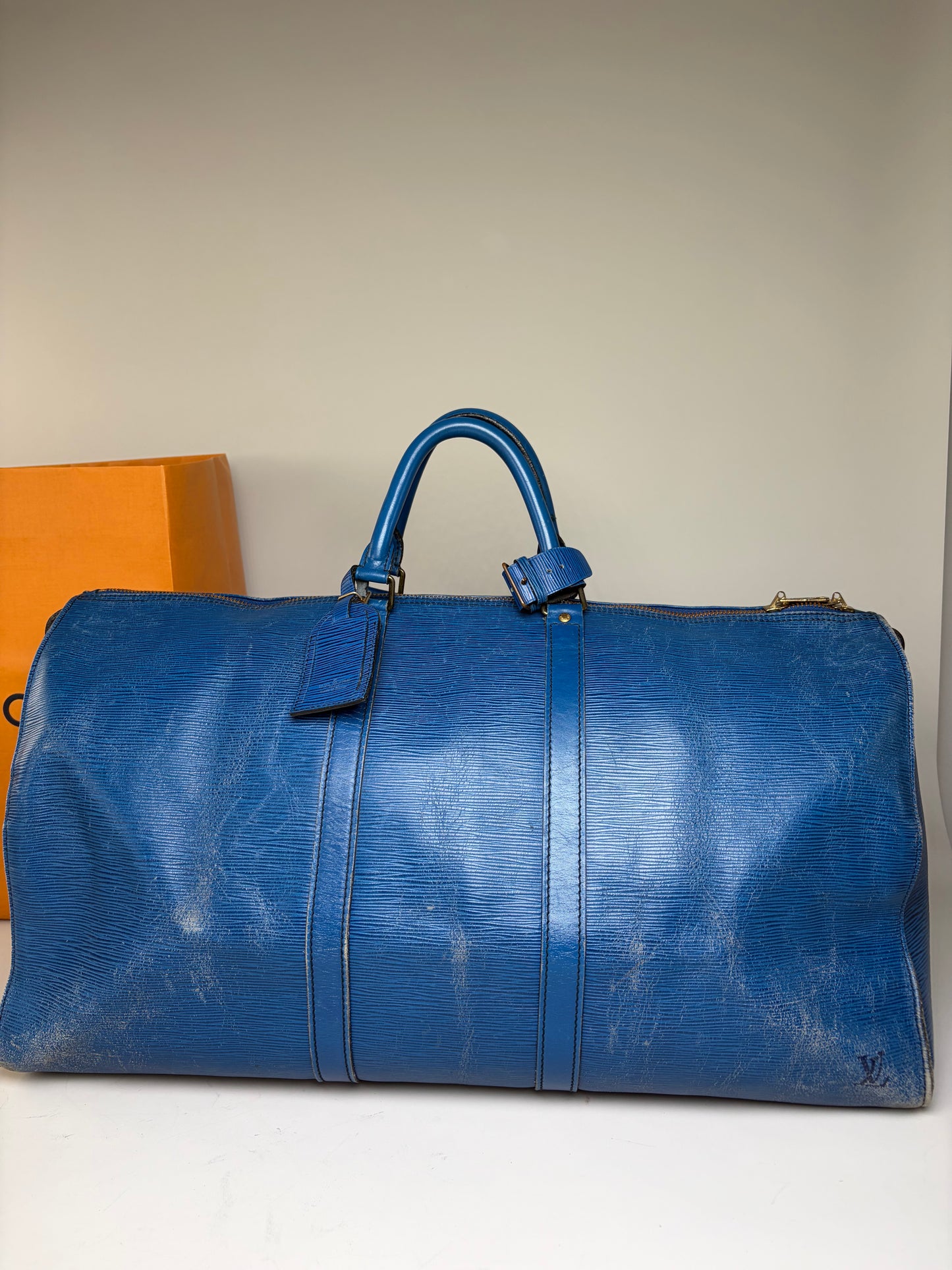 Vintage Louis Vuitton Epi Leather Keepall Travel Bag Blue Gold