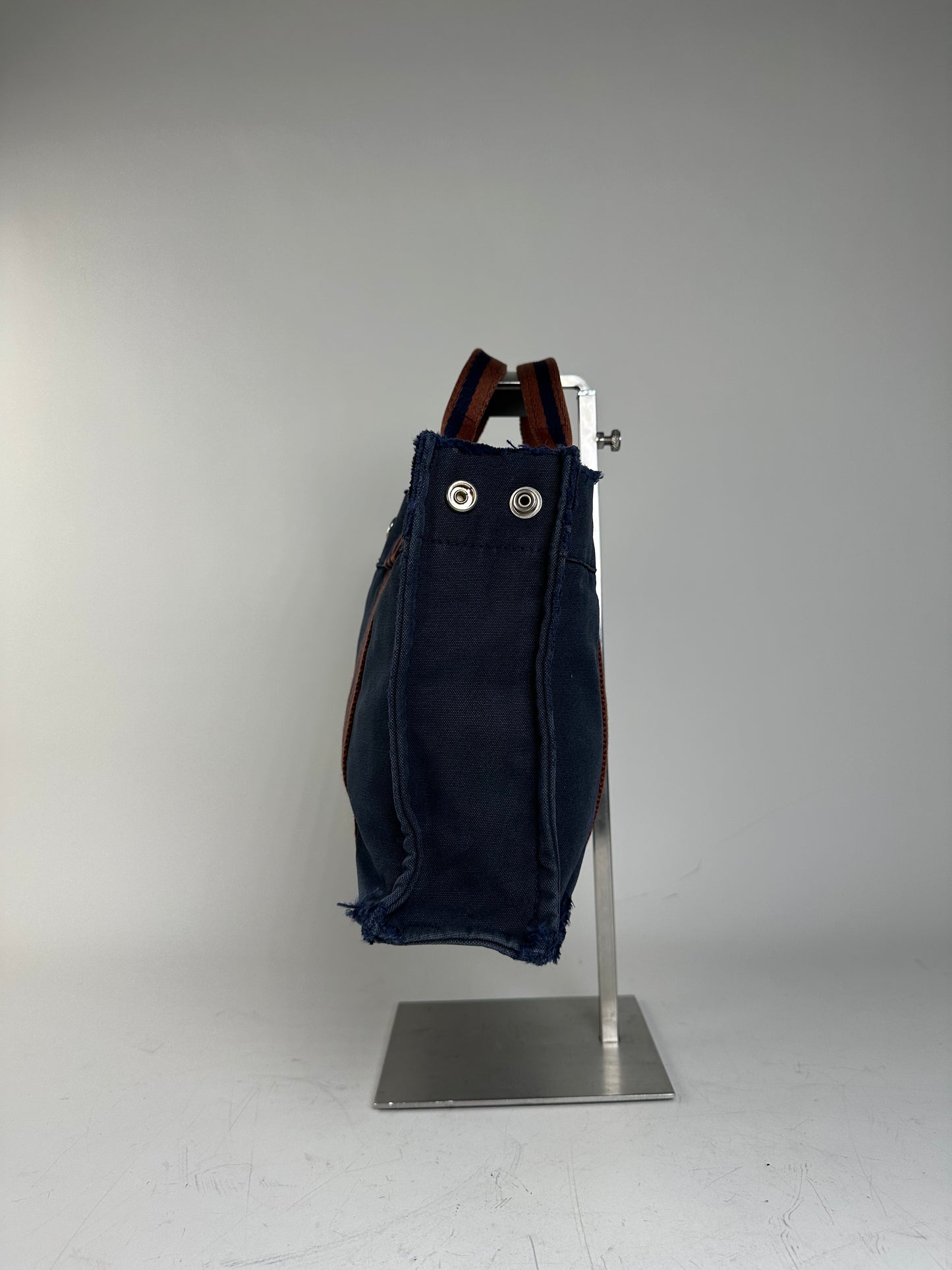 Vintage Hermes Cotton Tote Bag Navy Rust Silver Snap Early 2000s