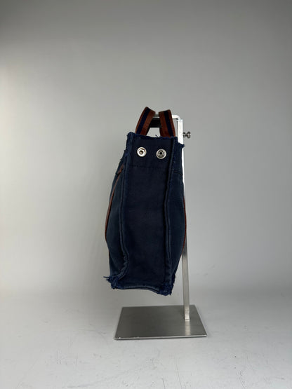 Vintage Hermes Cotton Tote Bag Navy Rust Silver Snap Early 2000s