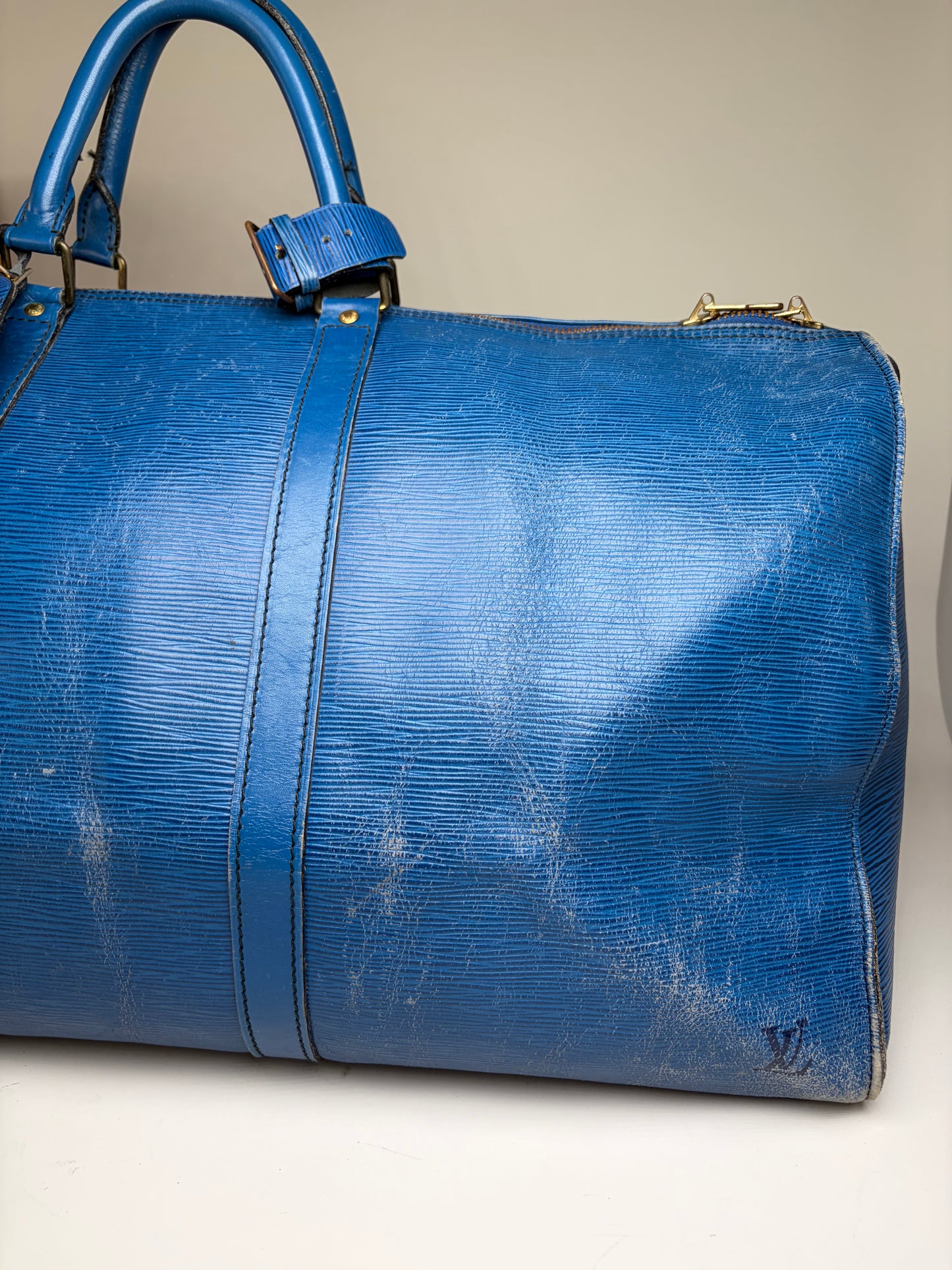 Vintage Louis Vuitton Epi Leather Keepall Travel Bag Blue Gold