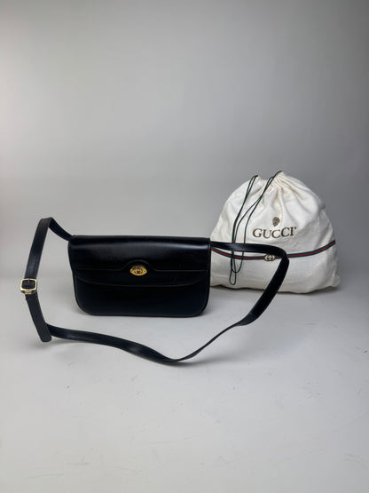 Vintage Gucci Leather Crossbody Bag Black Gold c. 2000