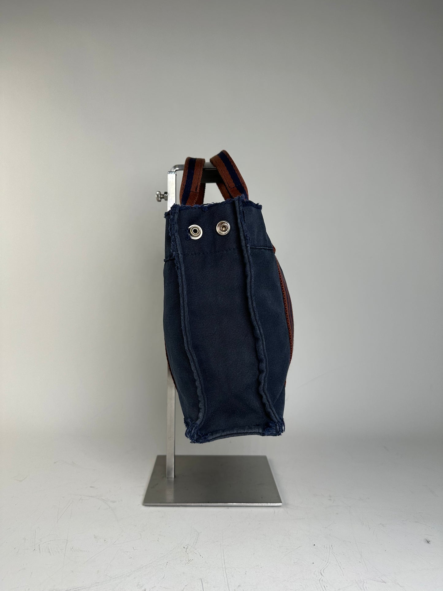 Vintage Hermes Cotton Tote Bag Navy Rust Silver Snap Early 2000s