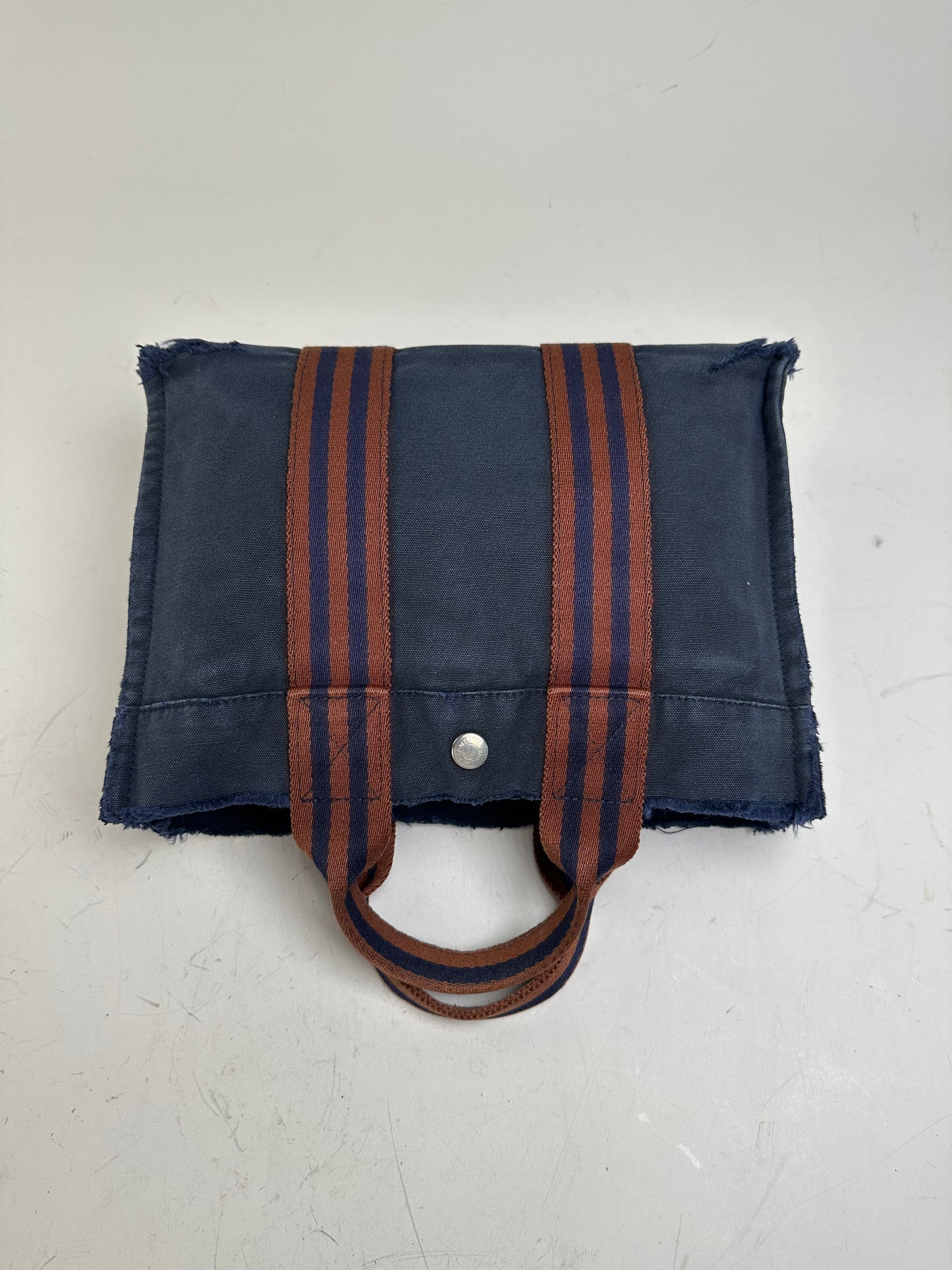Vintage Hermes Cotton Tote Bag Navy Rust Silver Snap Early 2000s