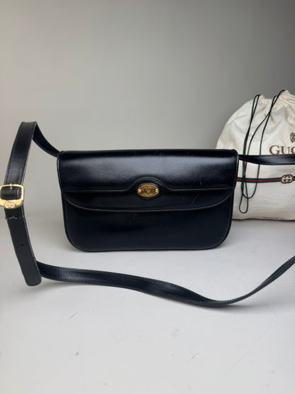 Vintage Gucci Leather Crossbody Bag Black Gold c. 2000