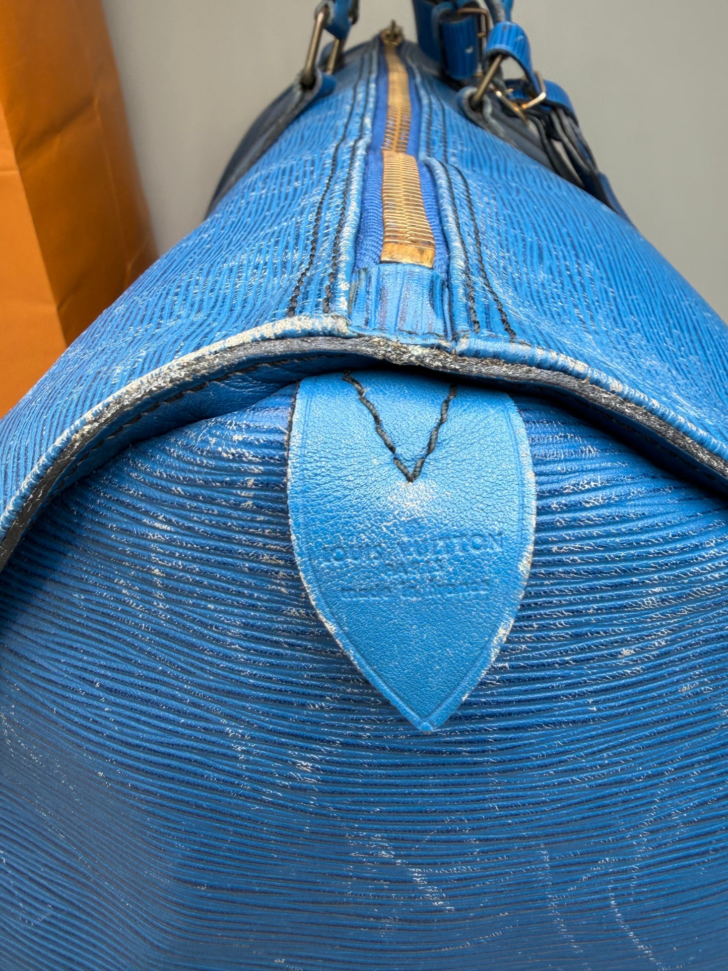 Vintage Louis Vuitton Epi Leather Keepall Travel Bag Blue Gold