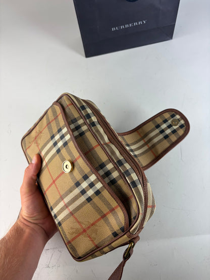 Vintage Burberry Haymarket Check Crossbody Bag Beige Red Black