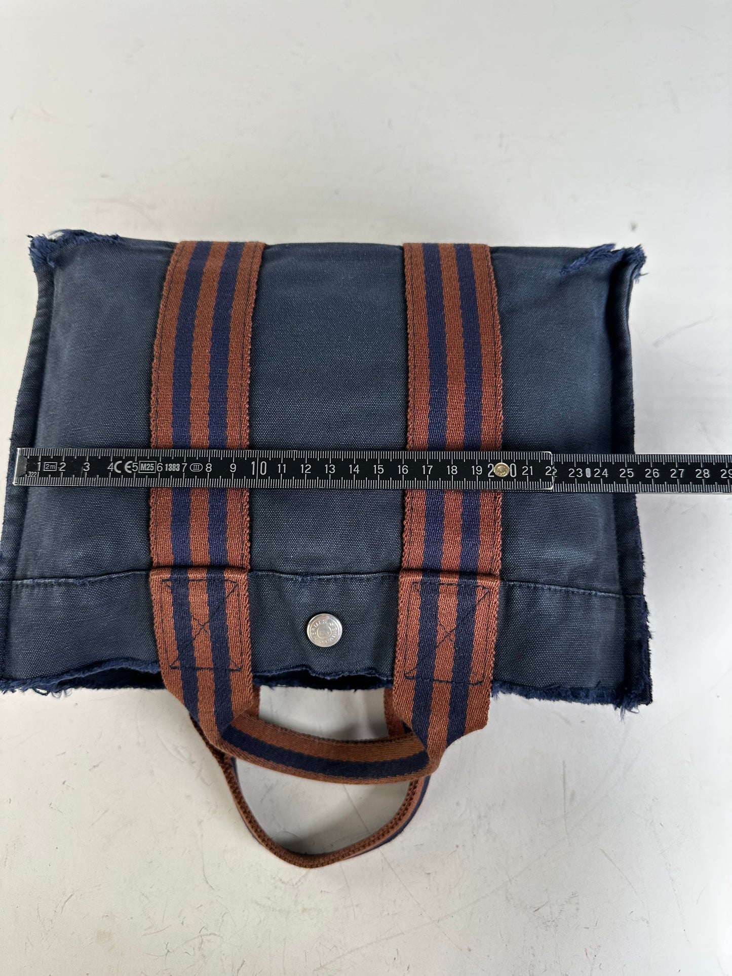 Vintage Hermes Cotton Tote Bag Navy Rust Silver Snap Early 2000s