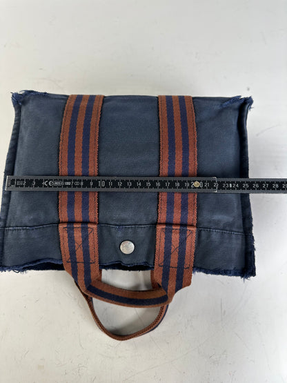 Vintage Hermes Cotton Tote Bag Navy Rust Silver Snap Early 2000s