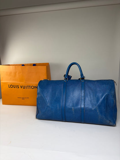 Vintage Louis Vuitton Epi Leather Keepall Travel Bag Blue Gold