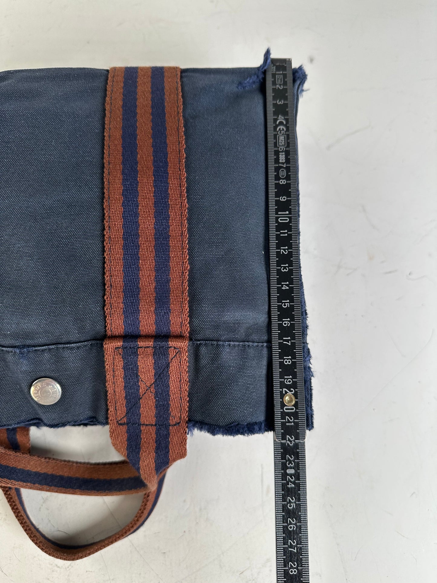Vintage Hermes Cotton Tote Bag Navy Rust Silver Snap Early 2000s