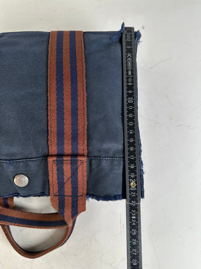Vintage Hermes Cotton Tote Bag Navy Rust Silver Snap Early 2000s