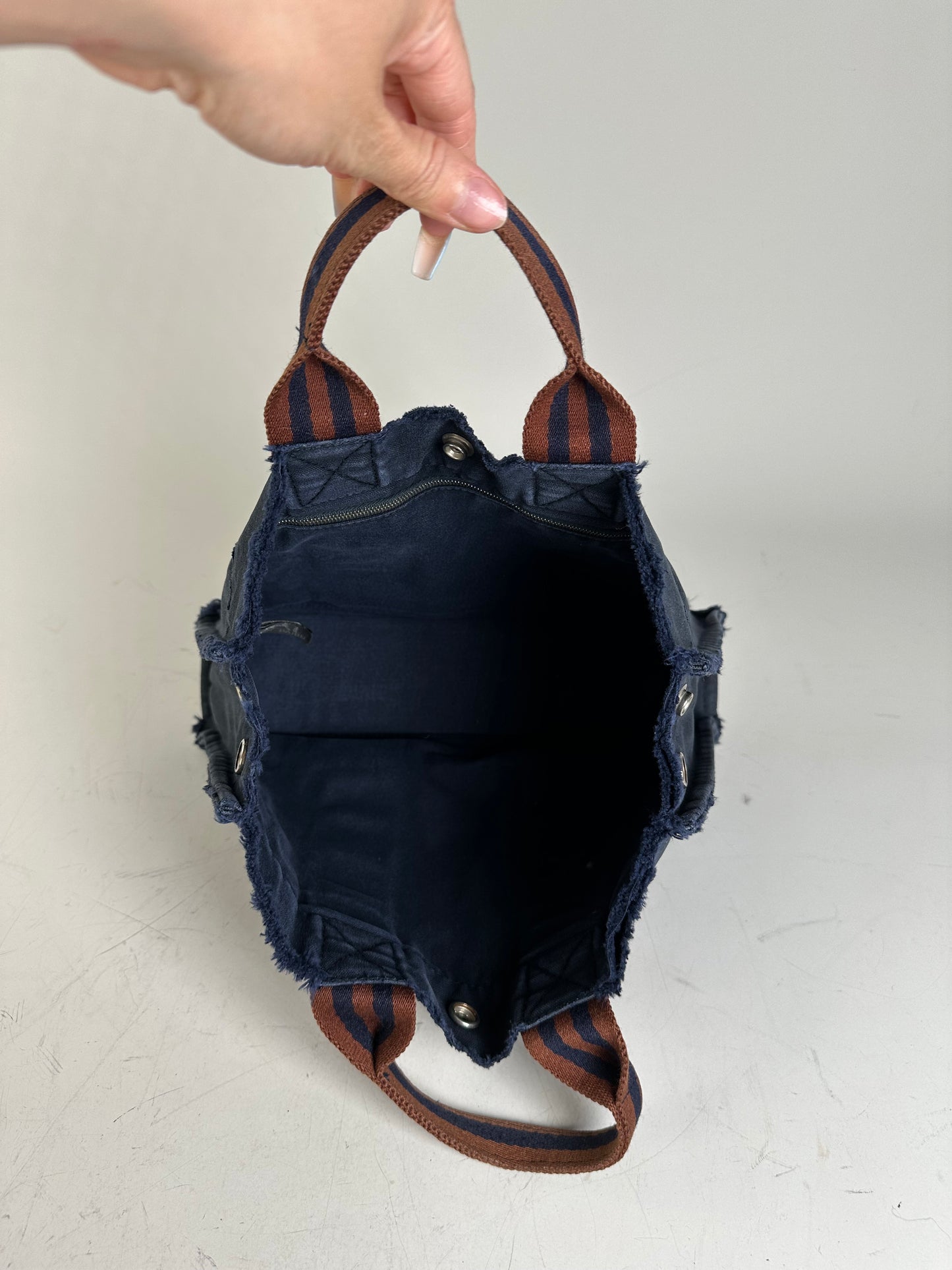 Vintage Hermes Cotton Tote Bag Navy Rust Silver Snap Early 2000s