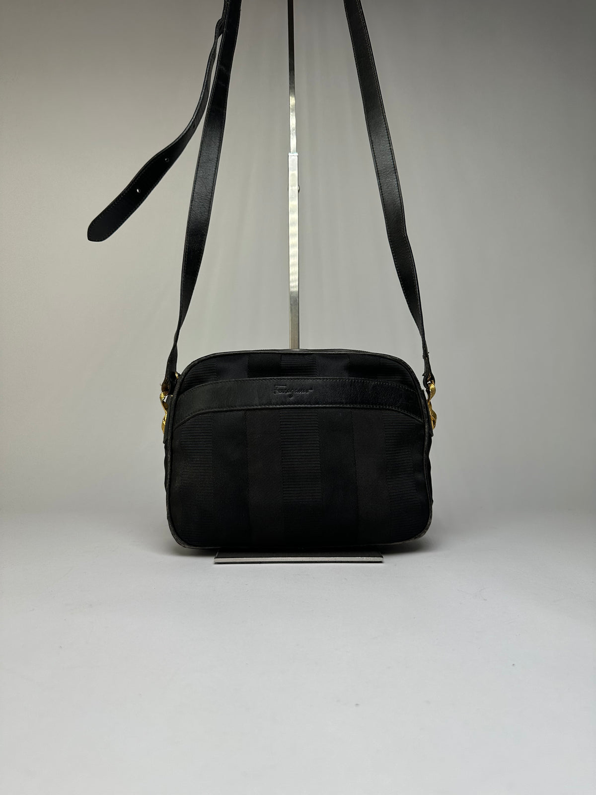 Vintage Ferragamo Flap Crossbody Bag Late 1990s Black Gold