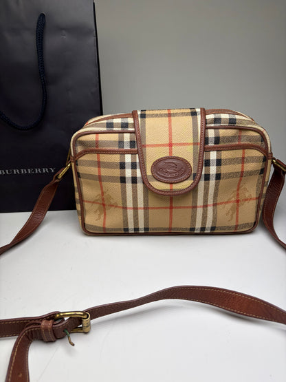 Vintage Burberry Haymarket Check Crossbody Bag Beige Red Black