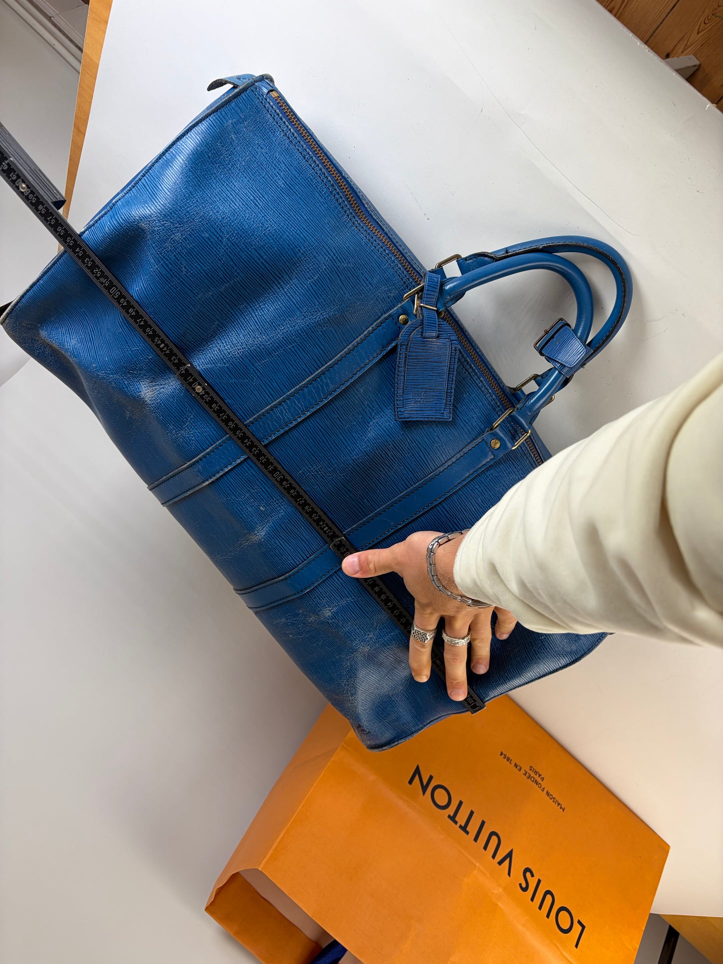 Vintage Louis Vuitton Epi Leather Keepall Travel Bag Blue Gold
