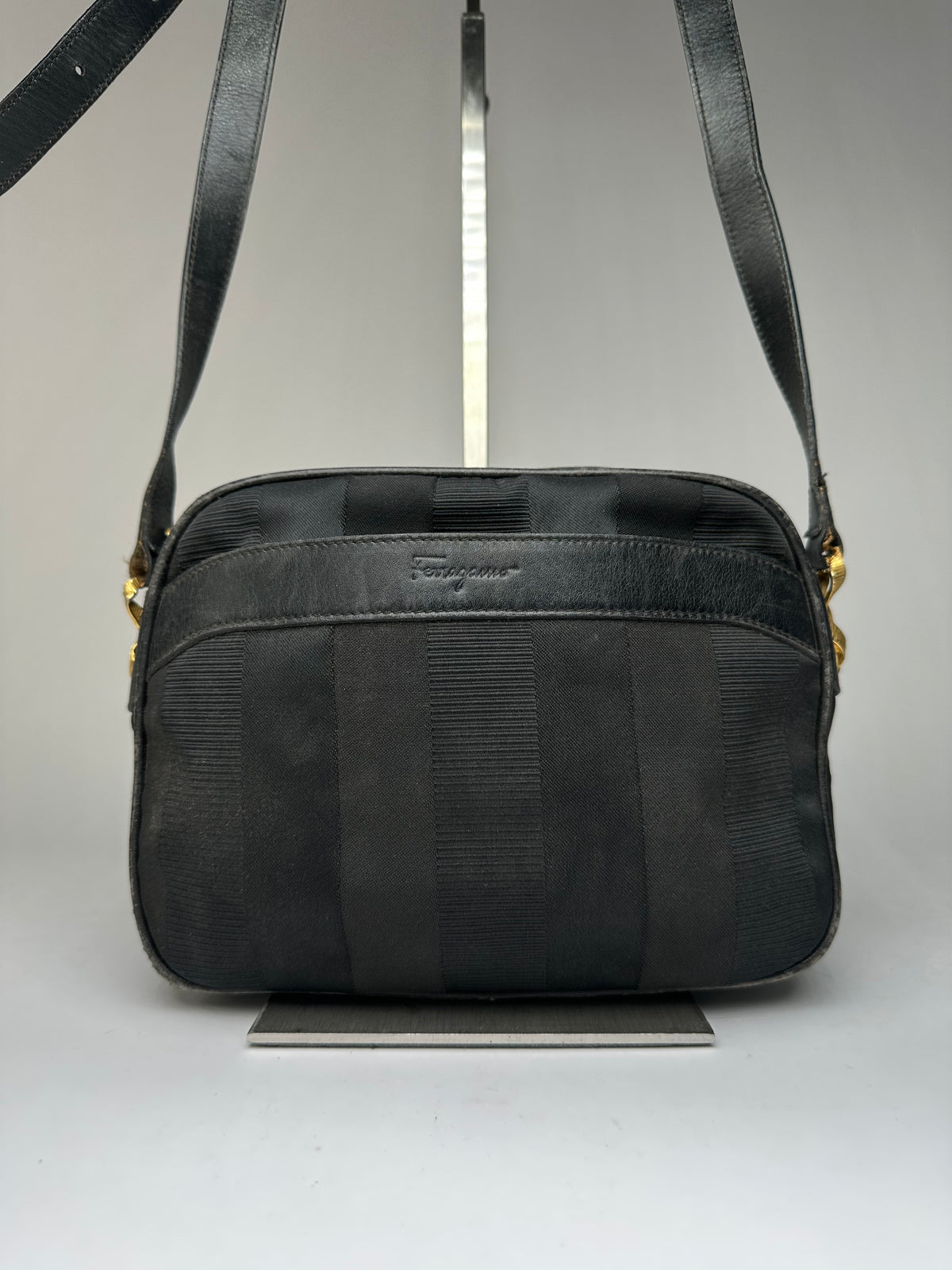 Vintage Ferragamo Flap Crossbody Bag Late 1990s Black Gold