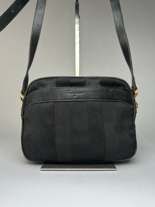 Vintage Ferragamo Flap Crossbody Bag Late 1990s Black Gold