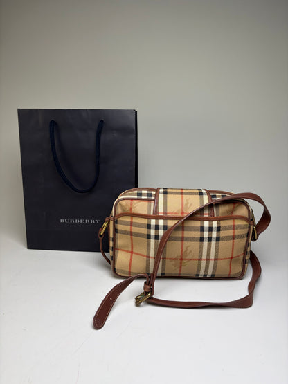 Vintage Burberry Haymarket Check Crossbody Bag Beige Red Black