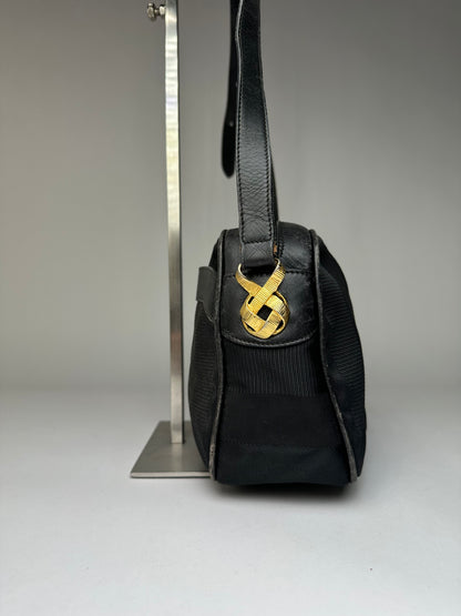 Vintage Ferragamo Flap Crossbody Bag Late 1990s Black Gold