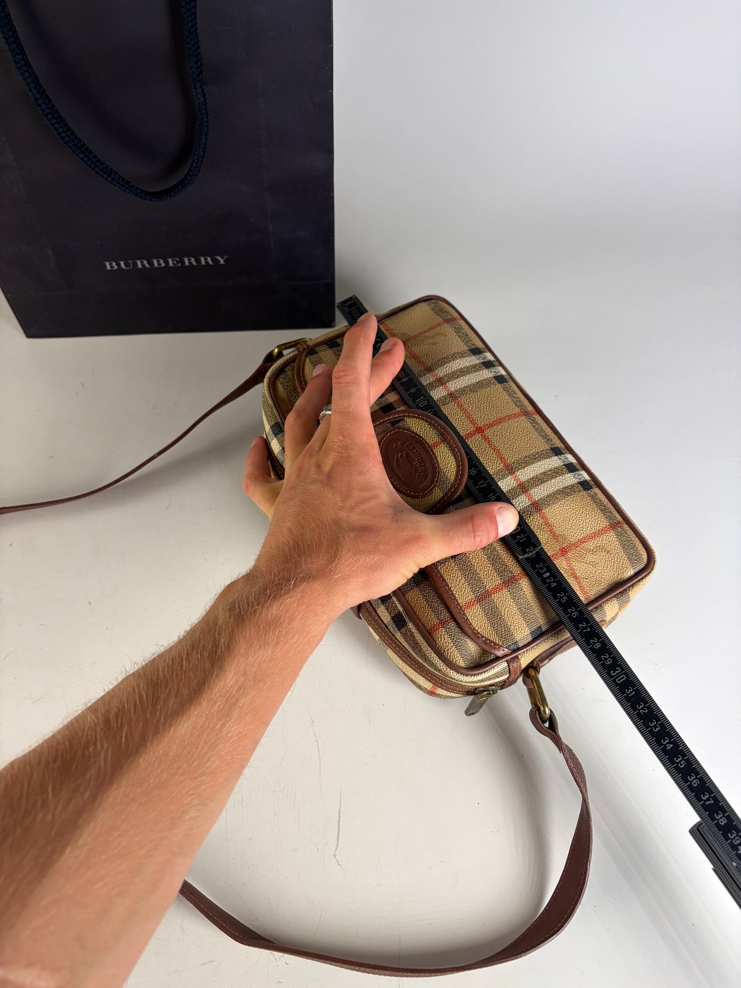 Vintage Burberry Haymarket Check Crossbody Bag Beige Red Black