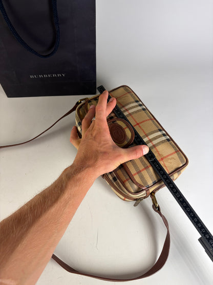 Vintage Burberry Haymarket Check Crossbody Bag Beige Red Black