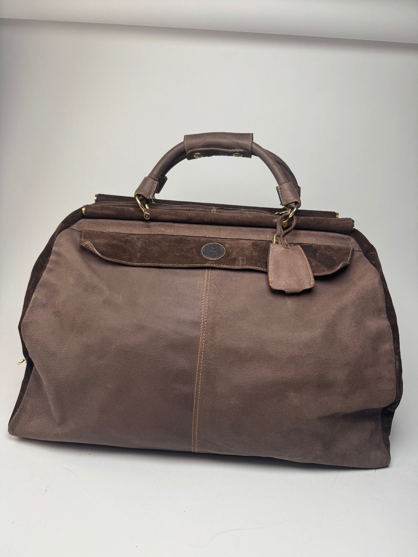 Vintage Fendi Roma Suede Leather Travel Bag Brown