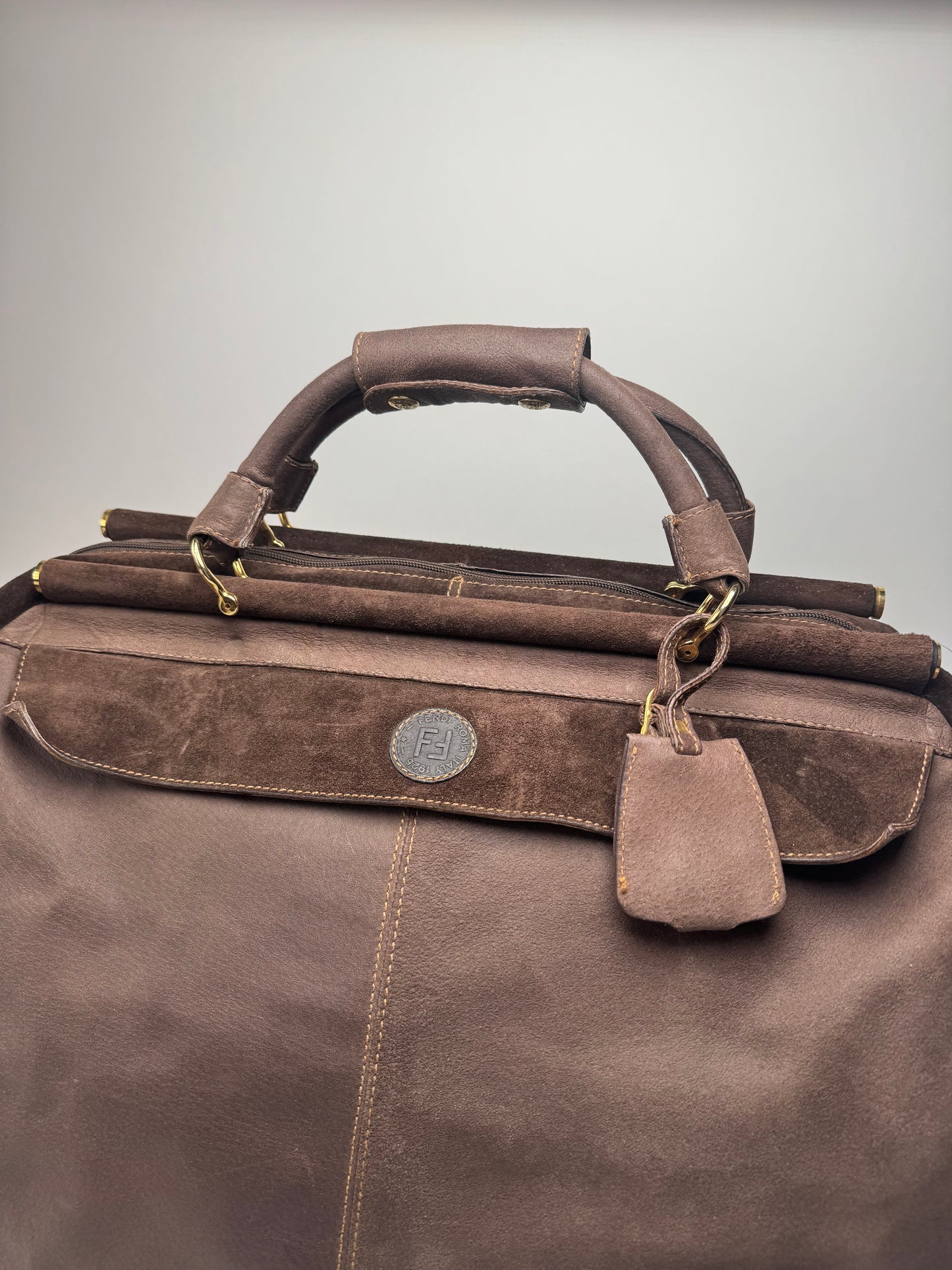 Vintage Fendi Roma Suede Leather Travel Bag Brown