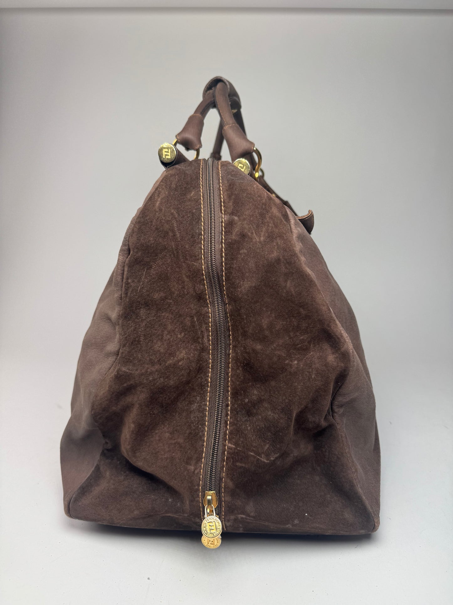 Vintage Fendi Roma Suede Leather Travel Bag Brown