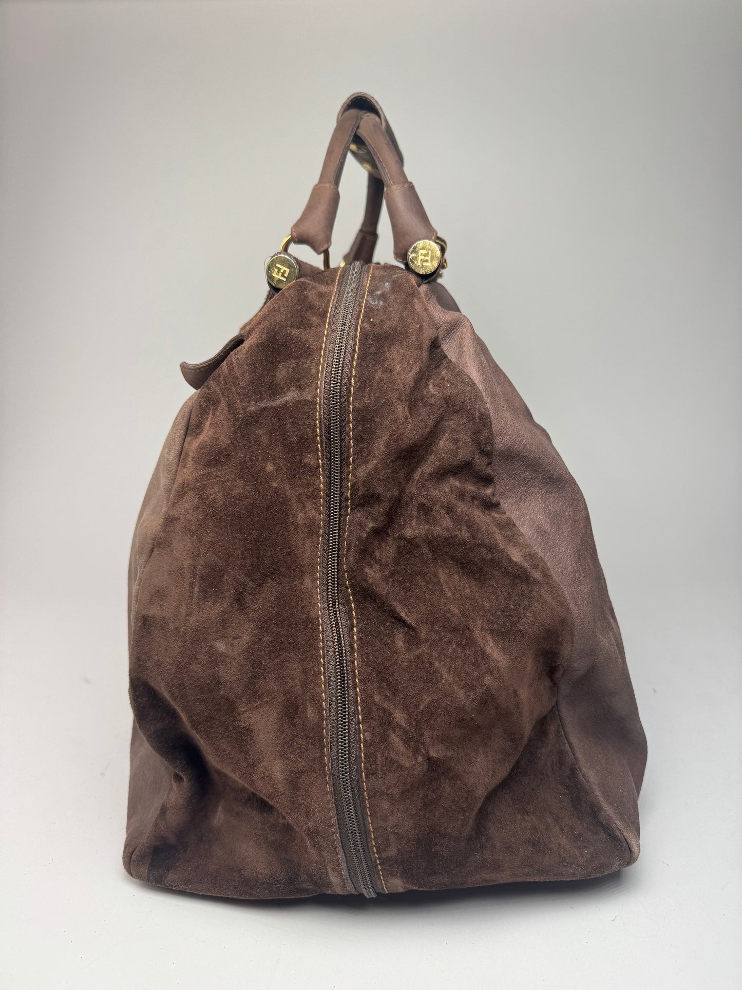 Vintage Fendi Roma Suede Leather Travel Bag Brown