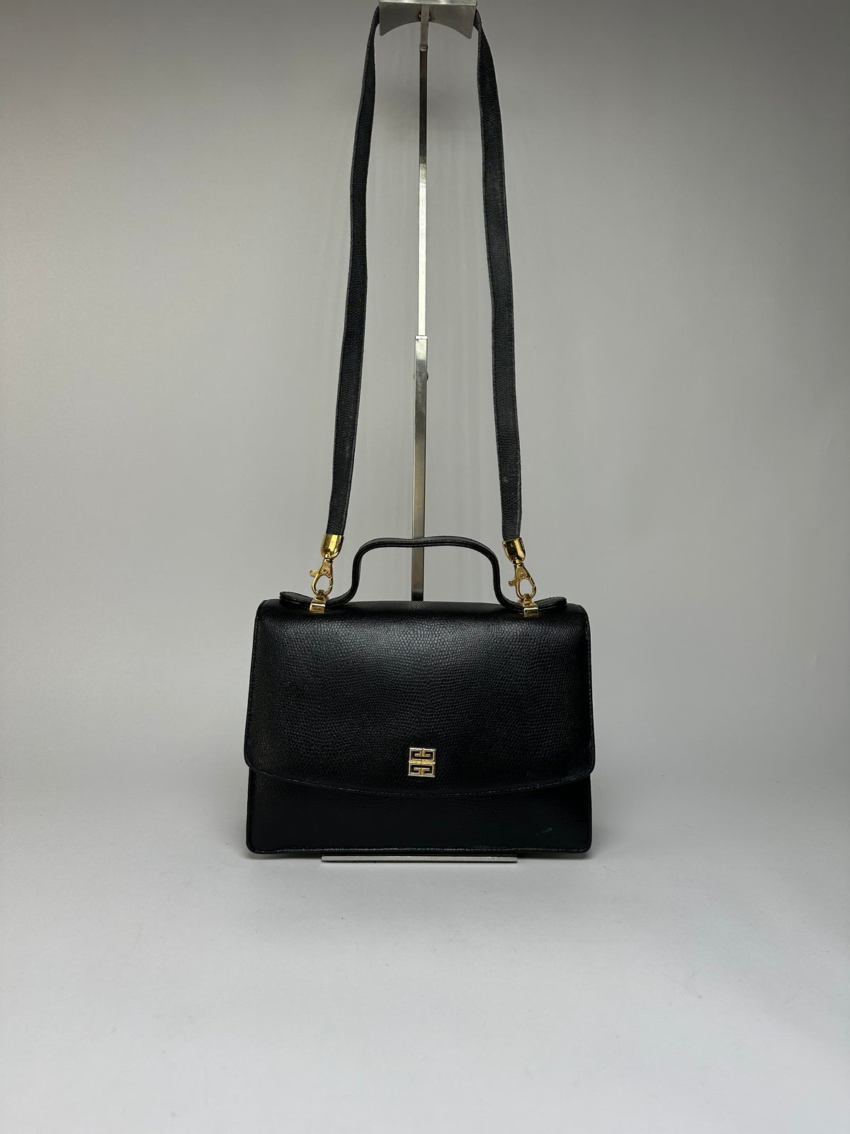 Vintage Givenchy 4G Logo Pebbled Leather Top-Handle Bag c. Late 1970s Black