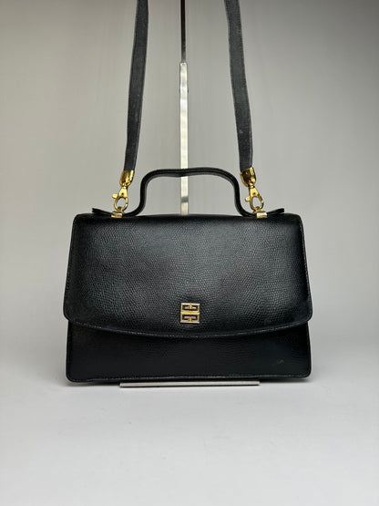 Vintage Givenchy 4G Logo Pebbled Leather Top-Handle Bag c. Late 1970s Black