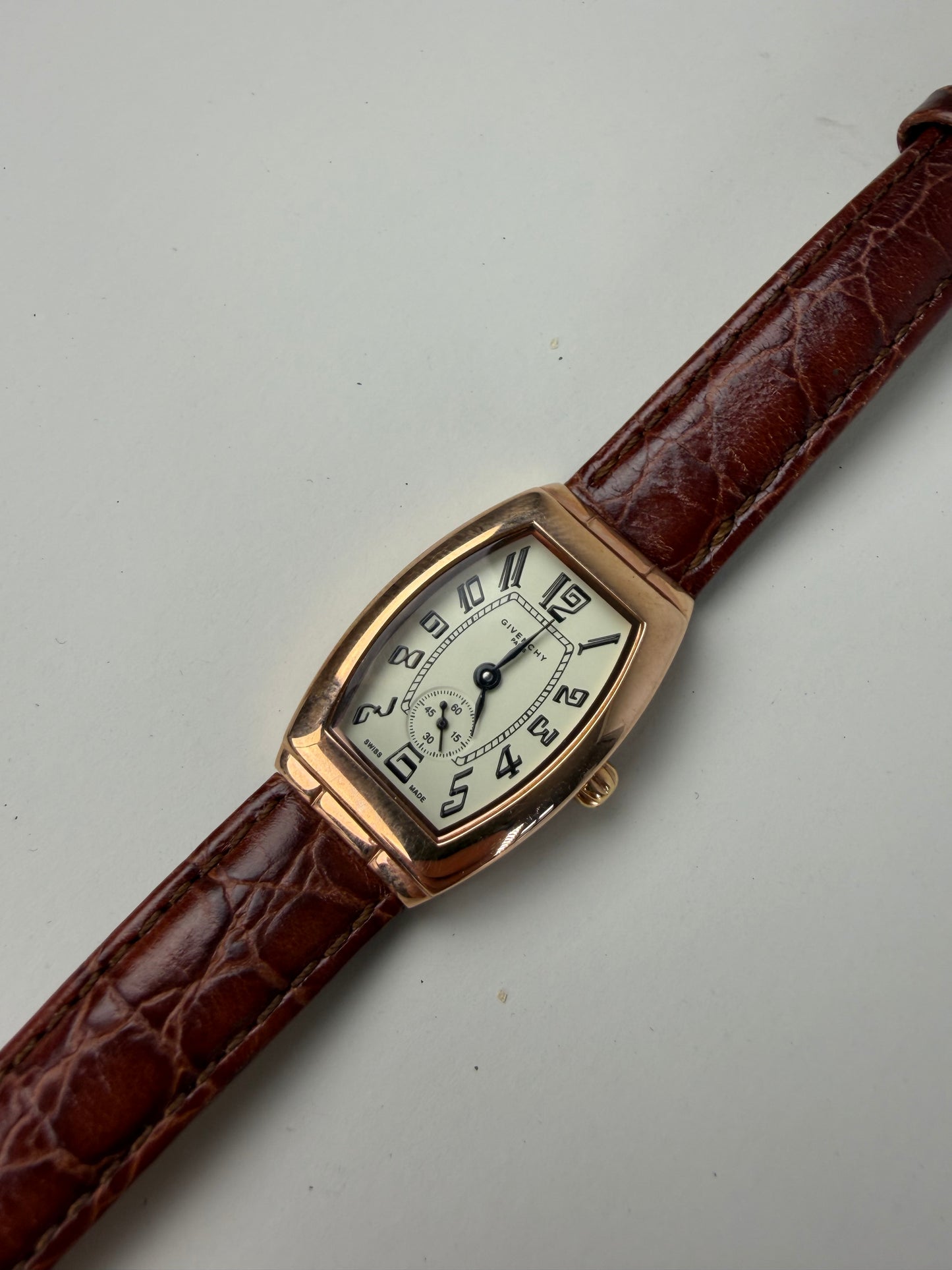 Vintage Givenchy Leather Strap Watch White Brown Gold