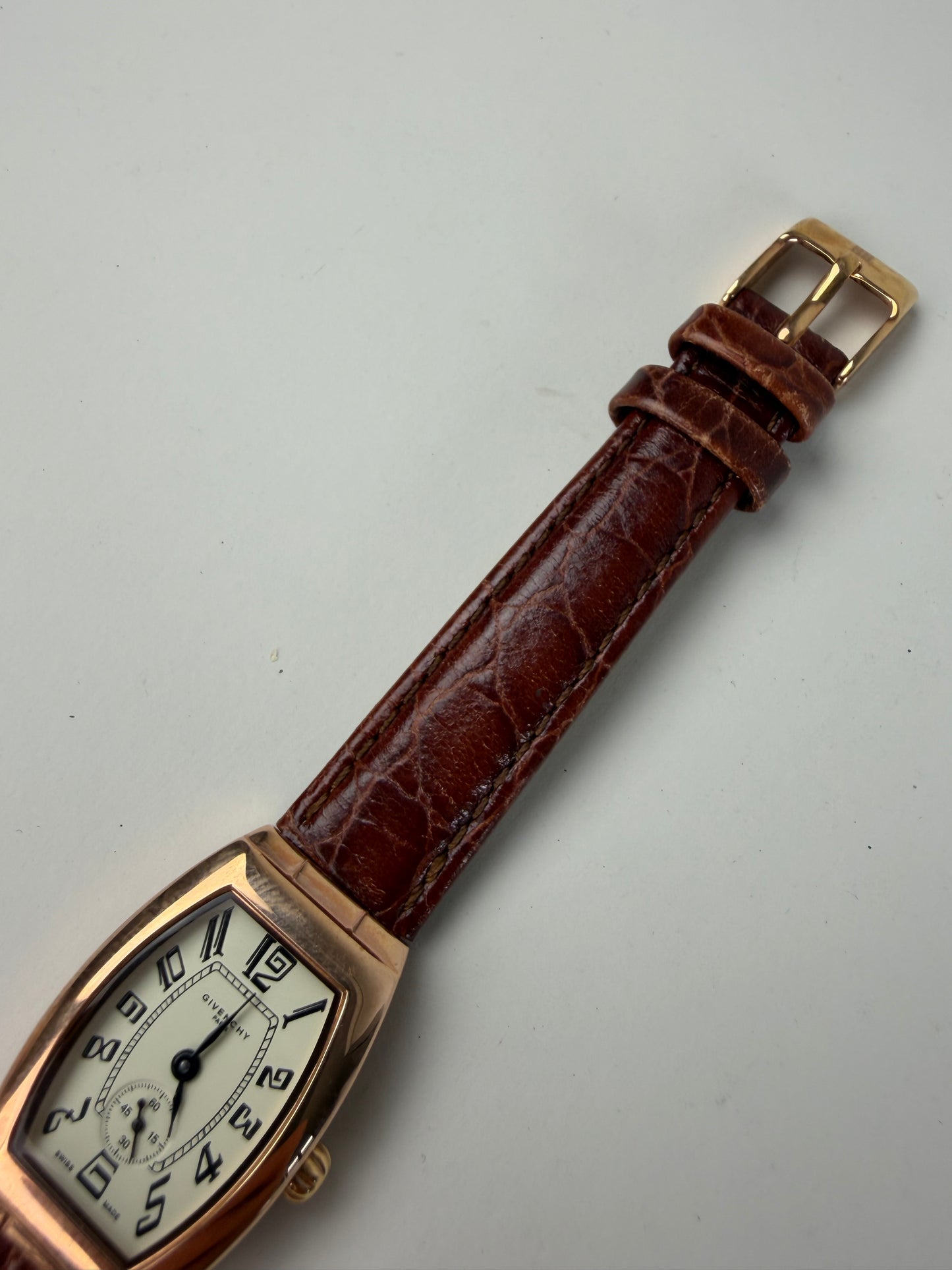 Vintage Givenchy Leather Strap Watch White Brown Gold