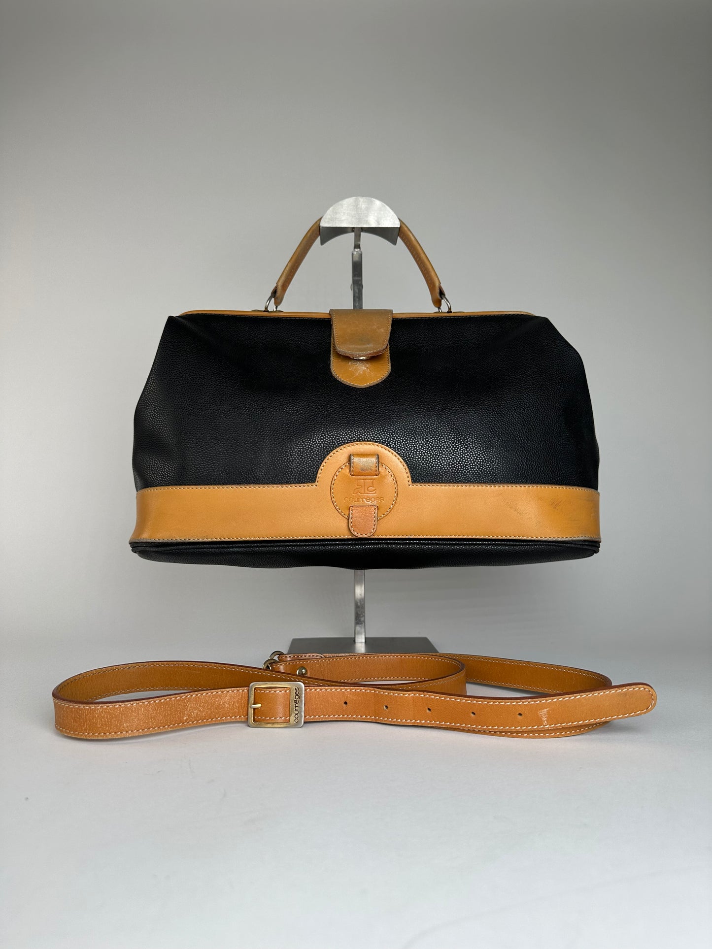 Vintage Courreges Paris Leather 2Way Handbag Black Brown