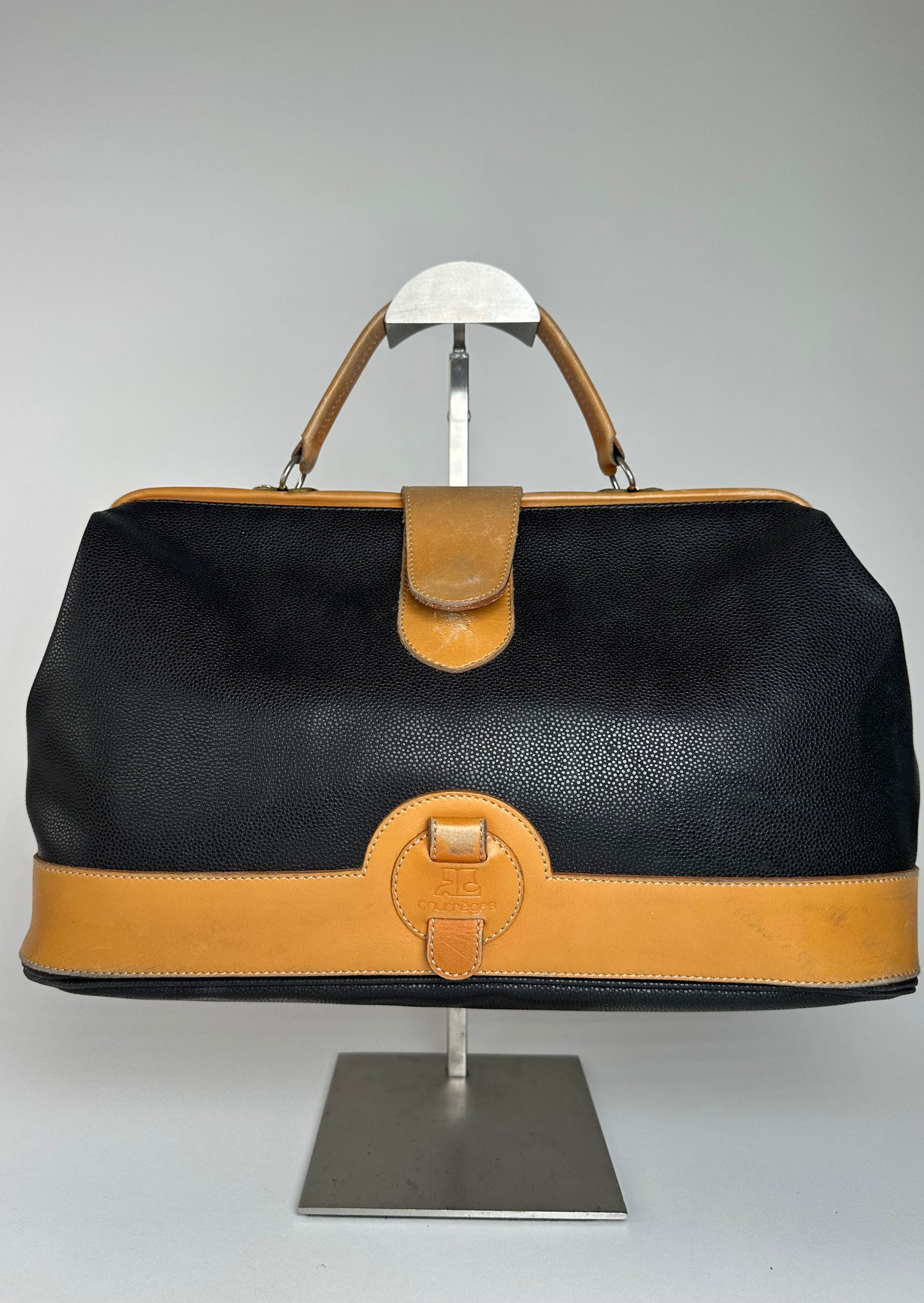 Vintage Courreges Paris Leather 2Way Handbag Black Brown