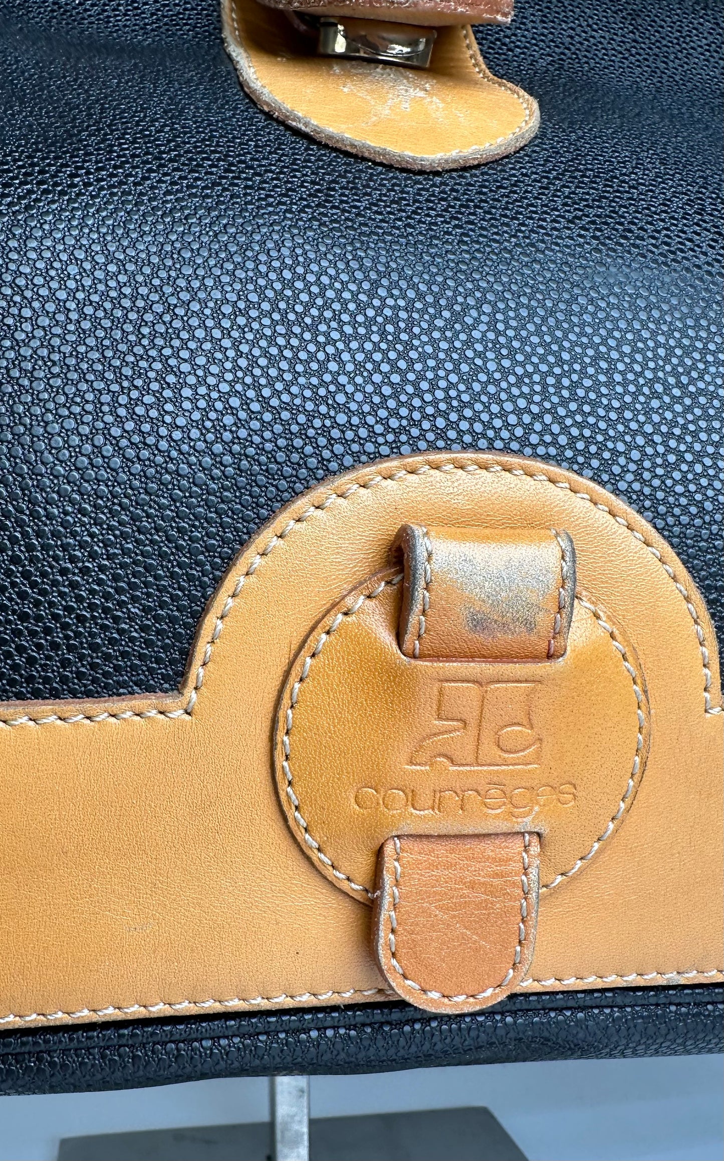 Vintage Courreges Paris Leather 2Way Handbag Black Brown