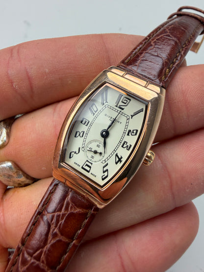 Vintage Givenchy Leather Strap Watch White Brown Gold