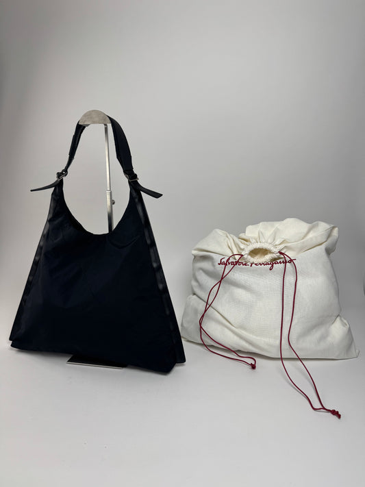 Vintage  Salvatore Ferragamo Leather Neoprene Triangle Handbag Black