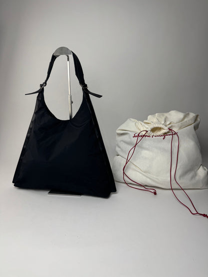 Vintage  Salvatore Ferragamo Leather Neoprene Triangle Handbag Black
