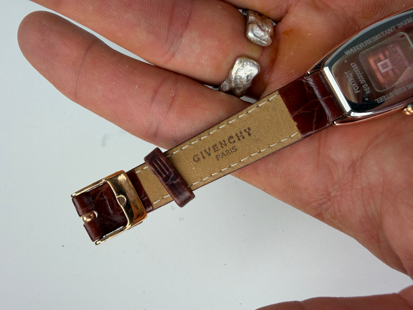 Vintage Givenchy Leather Strap Watch White Brown Gold