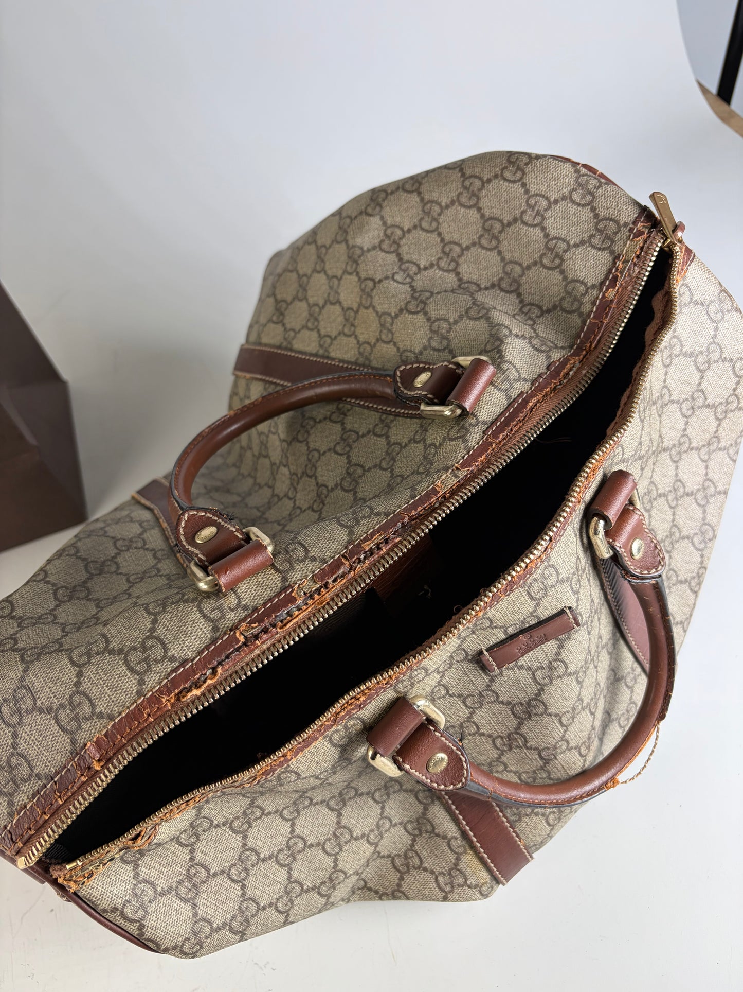 Vintage Gucci GG Supreme Duffle Bag Beige Brown Gold