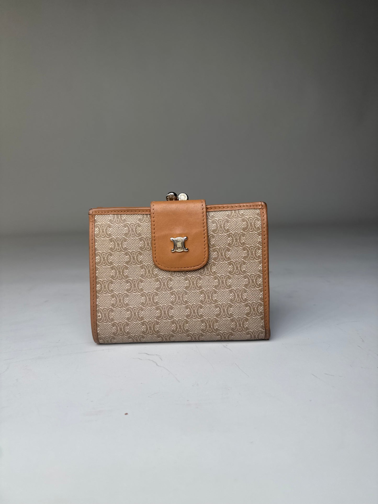 Vintage Celine Canvas Wallet Beige Brown Gold