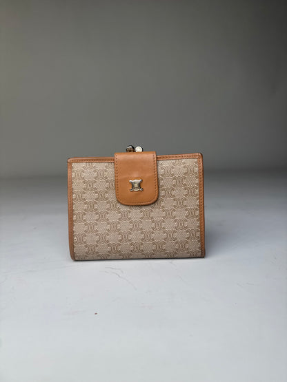 Vintage Celine Canvas Wallet Beige Brown Gold