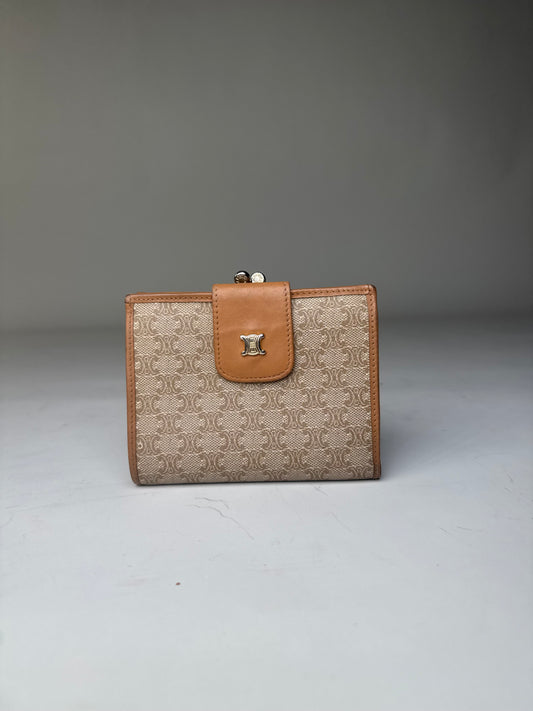 Vintage Celine Canvas Wallet Beige Brown Gold