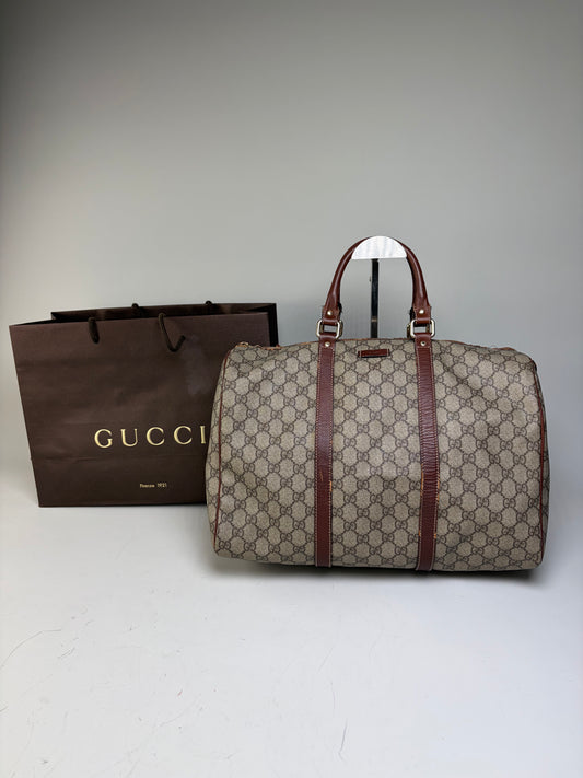 Vintage Gucci GG Supreme Duffle Bag Beige Brown Gold